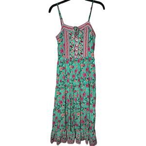 Starivy Turquoise Floral Flowy Tiered Midi Sundress Size M Boho Romantic Summer